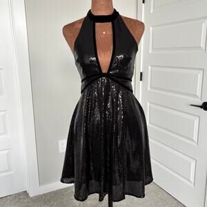 Free People Film Noir Black Sequin Halter Mini Dress Velvet Trim Open Back US 2